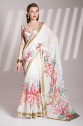 Off white Printed lace Saree in Linen SR28158