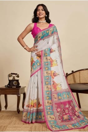 Linen Digital print Off white Saree with Blouse SR28908