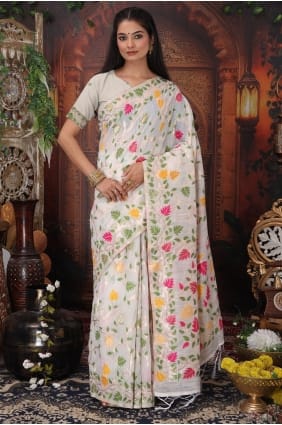 Weaving Saree in Off white Linen SR28990