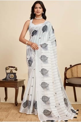 Linen Off white Saree in Digital print SR28913