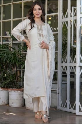Off white Straight Pant Suit in Chanderi with Embroidered SK155240