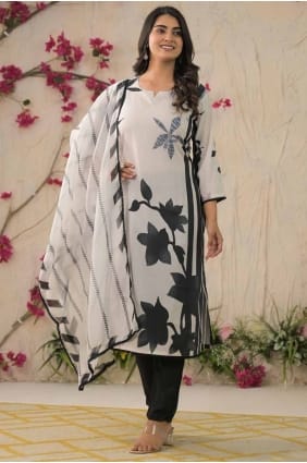 Off white Straight Pant Suit with Lace border Cotton SK155589