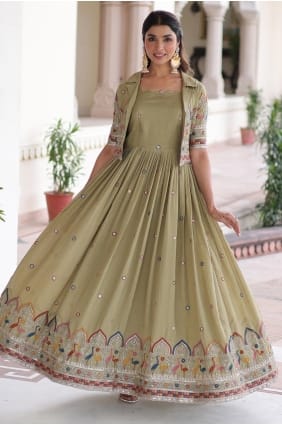 Silk Gown Dress in Olive with Embroidered GW1194