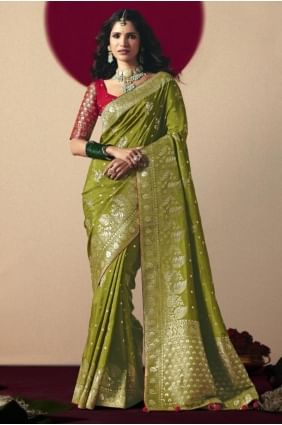 Olive green Bemberg Party Wear Saree with Weaving SR28860