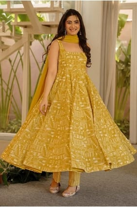 Muslin Olive Anarkali Suit in Printed AS4343