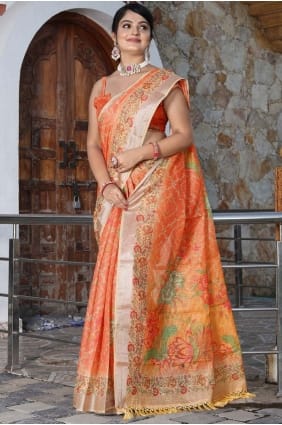 Orange Printed Saree in Cotton SR29047