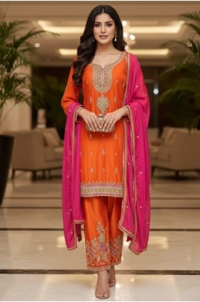 Embroidered Salwar Kameez in Orange Chinon chiffon SK15865