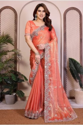 Orange Embroidered Chiffon Saree SR29850