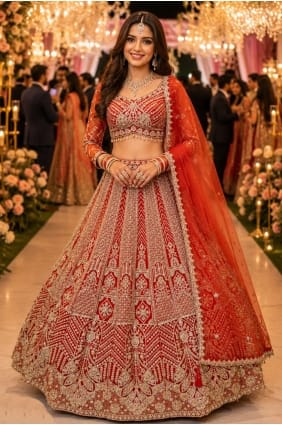 Beads Lehenga Choli in Orange Net LC9055