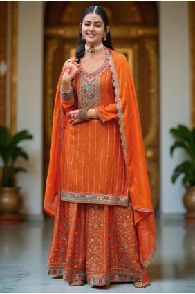 Weaving Palazzo Suit in Orange Chiffon PZ4202
