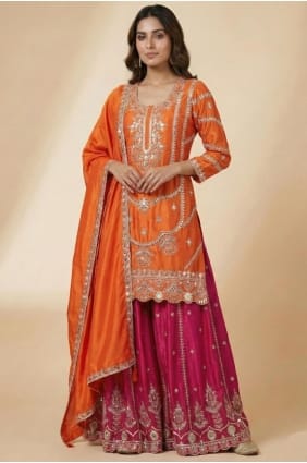 Orange Silk Patiala Suit with Sequins PZ4266