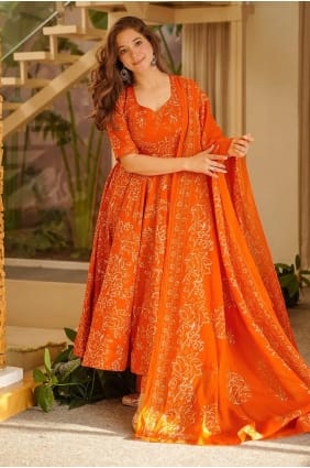 Orange Printed Muslin Anarkali Suit AS4341