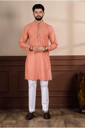 Orange Printed Cotton blend Men Kurta KURR491