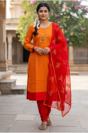 Orange Chanderi Embroidered Salwar Kameez with Dupatta SK15804