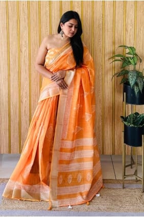 Orange Saree in Cotton with Printed SR28105