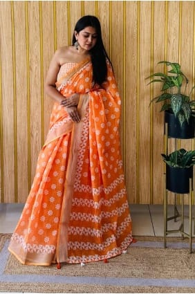 Orange Saree in Printed Cotton SR28100