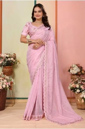 Premium Pink Embroidered Organza Saree SR28688