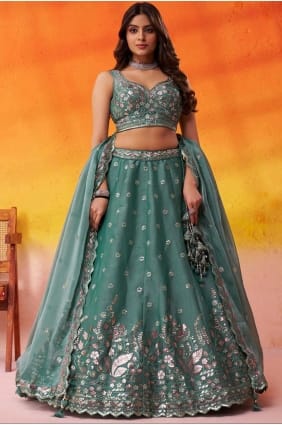 Lehenga Choli in Green Organza with Embroidered LC8864