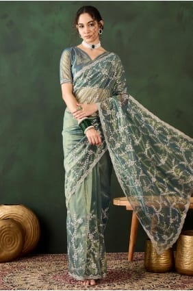 Organza Teal Party Wear Saree in Embroidered SR29310
