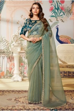 Organza Embroidered Pista green Saree with Blouse SR29117