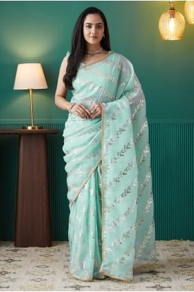Beautiful Organza Saree with Printed in Sea green SR28714