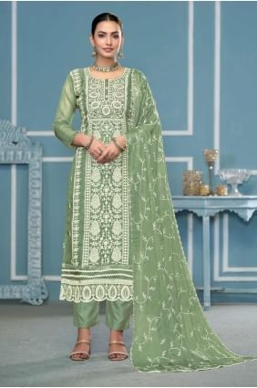 Organza Straight Pant Suit in Green with Embroidered SK155333