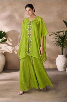 Organza Straight Suit in Parrot green with Digital print SK155294