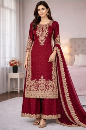 Sequins Silk Palazzo Suit in Maroon PZ4357