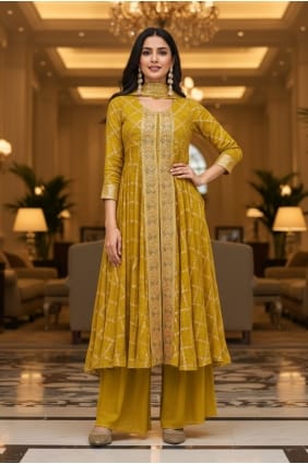 Embroidered Jacquard Mustard Palazzo Suit with Dupatta PZ4479