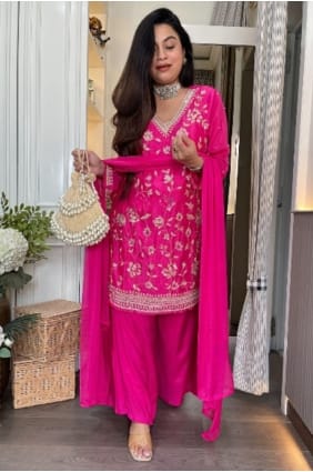 Pink Embroidered Eid Palazzo Suit in Chinon chiffon PZ4320