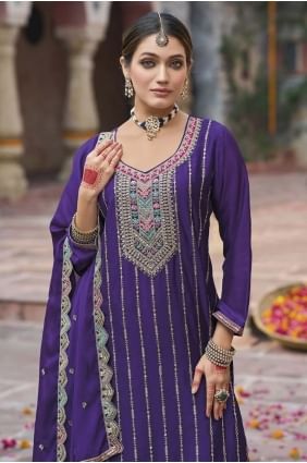 Purple Embroidered Palazzo Suit in Chinon chiffon PZ4192