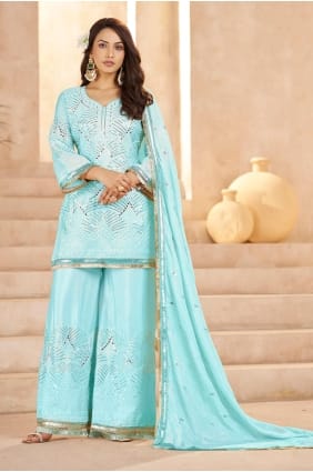 Embroidered Chinon chiffon Sky blue Palazzo Suit with Dupatta PZ4437