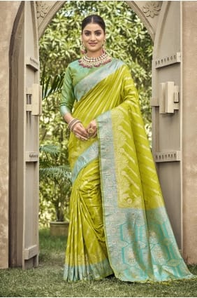 Parrot green Banarasi silk Saree with Embroidered SR29767