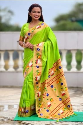 Weaving Saree in Parrot green Silk SR29143