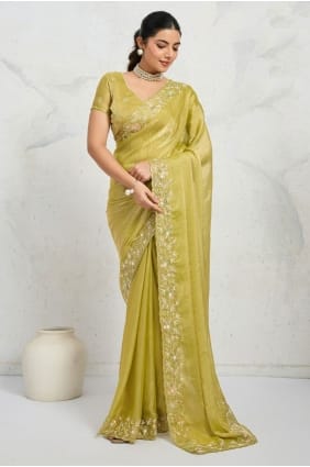 Zari,sequins Chiffon Saree in Parrot green SR29716