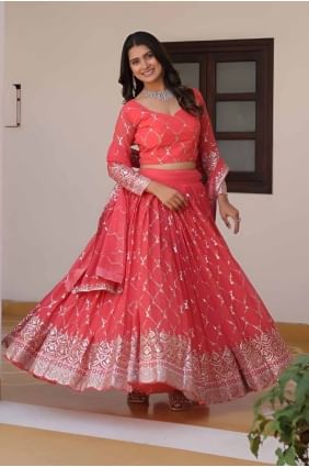 Party Lehenga Choli in Off orange Faux georgette with Embroidered LC8287