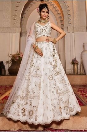 Party Lehenga Choli in Off white Tissue with Embroidered LC8353