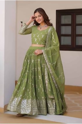 Party Lehenga Choli in Olive drab Faux georgette with Embroidered LC8286