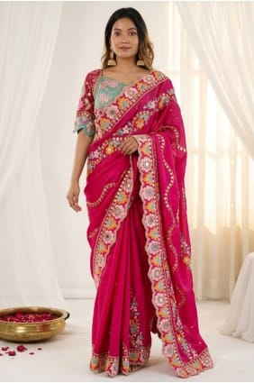 Embroidered Silk Party Wear Saree in Dark pink SR30114