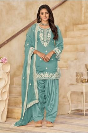 Aqua Silk Embroidered Patiala Suit with Dupatta PS2429