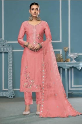 Peach Cotton Embroidered Salwar Kameez with Dupatta SK155358