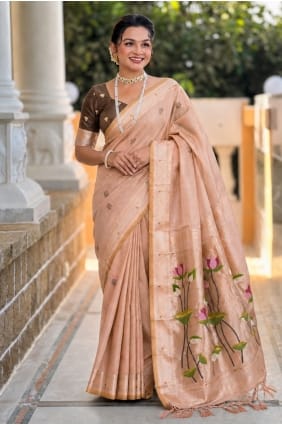 Peach Embroidered Saree in Cotton SR30135