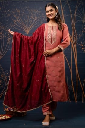 Peach Embroidered Straight Pant Suit in Silk SK155611