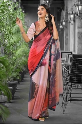 Printed Gown Dress in Peach Georgette GW1275