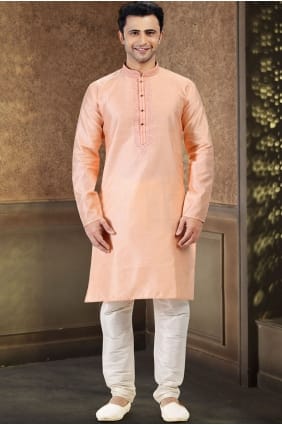 Embroidered Jacquard Men Kurta in Peach KURR609