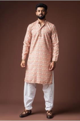 Peach Men Kurta in Digital print Linen KURR578