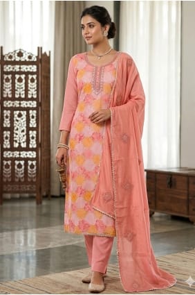 Printed Muslin Peach Salwar Kameez with Dupatta SK159115