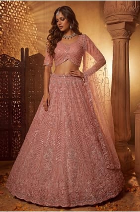 Embroidered Net Lehenga Choli in Peach with Dupatta LC9038