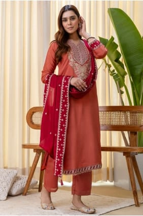 Embroidered Silk Salwar Kameez in Peach SK156089