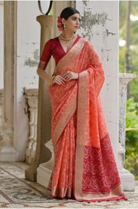 Resham Work Raw silk Peach Saree with Blouse SR29247